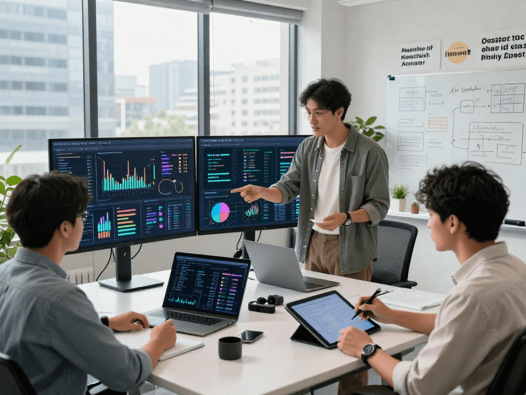 Explore spicy ai in a vibrant tech workspace with modern data analysis tools and collaborative team discussions.