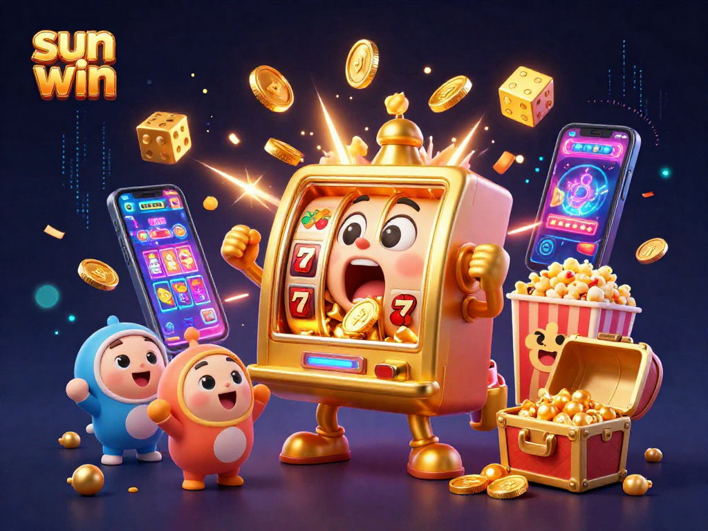 Win big at sun win with a joyful jackpot scene featuring a golden slot machine bursting with coins and cheering companions.