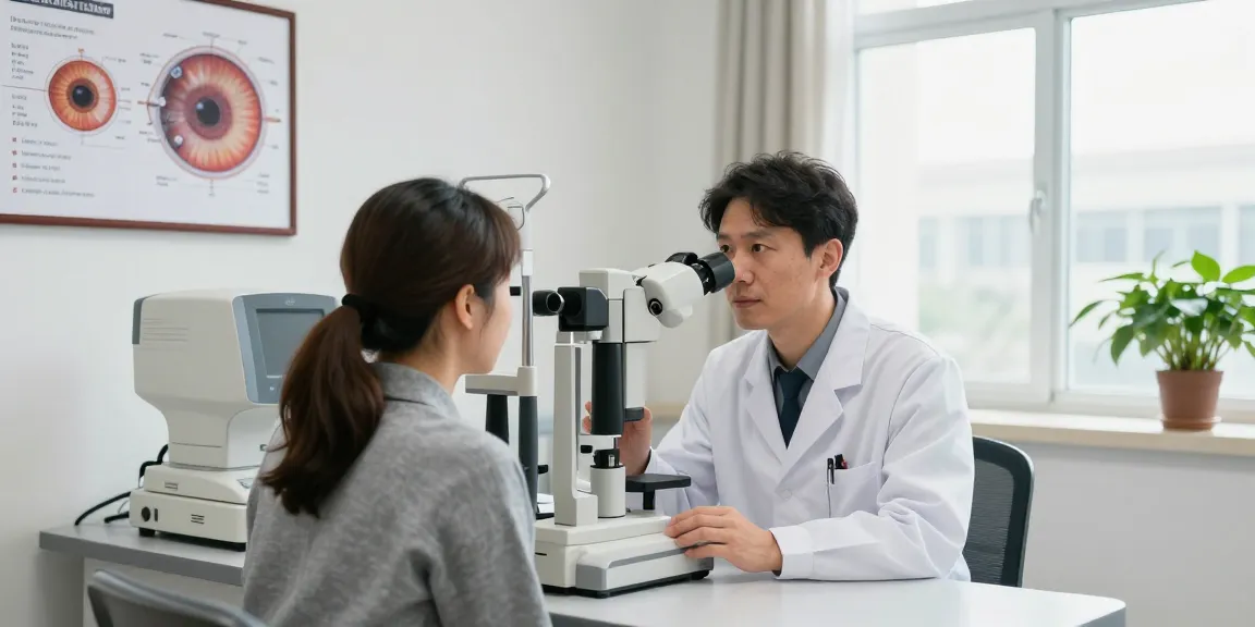 Cornea specialist UAE examining patient's eyes in consultation room with advanced equipment and calming atmosphere.