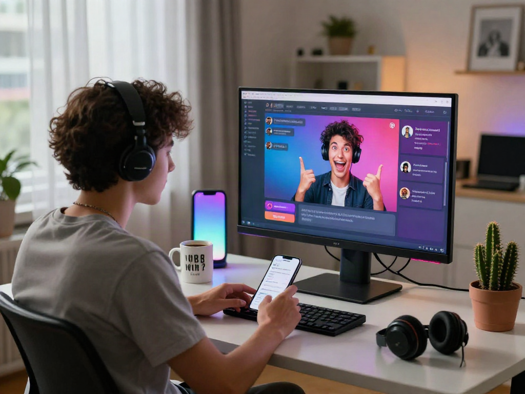 Engaging ai porn chat interaction in a modern home office setting with vibrant chat interface, cozy ambience, and stylish decor.