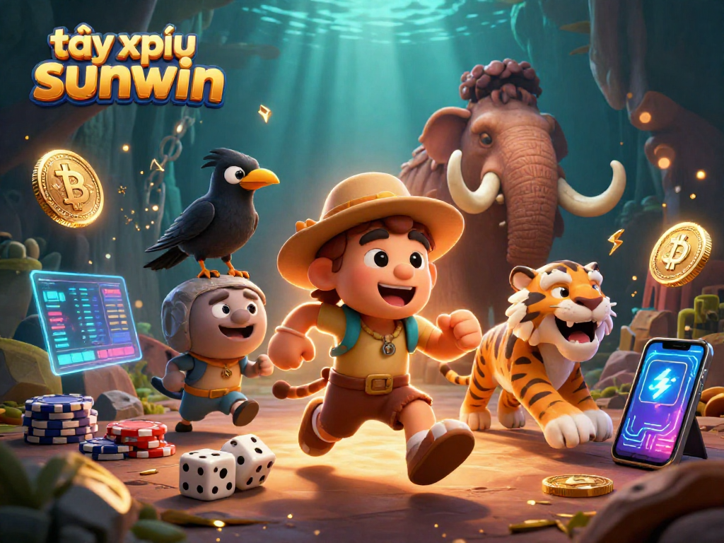 Tài xỉu sunwin game scene showcasing interactive cavemen and tiger in a prehistoric casino.