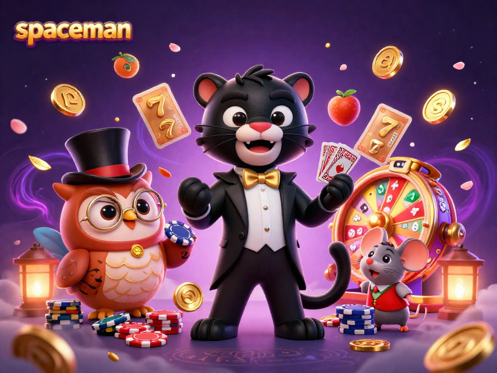 Experience the spaceman casino thrill with a stylish panther dealing cards while vibrant slot elements energize the scene.