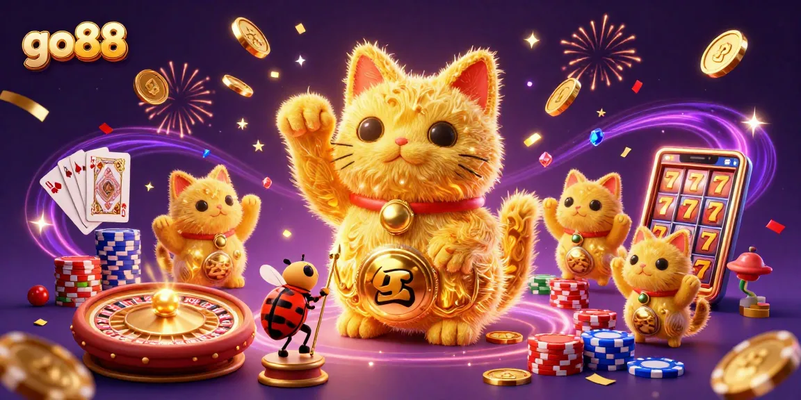 Win big with go88 as dynamic golden fireflies create a lucky cat amidst casino excitement.