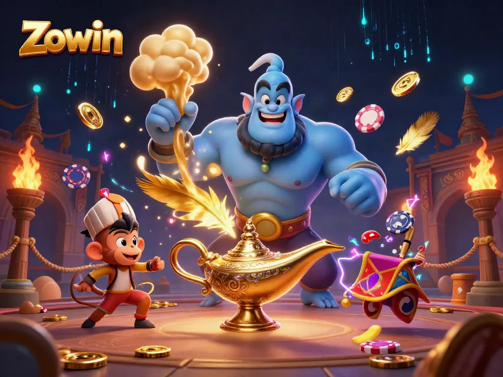 Zowin transports players with a dynamic casino scene featuring a genie, monkey, and magic carpet.