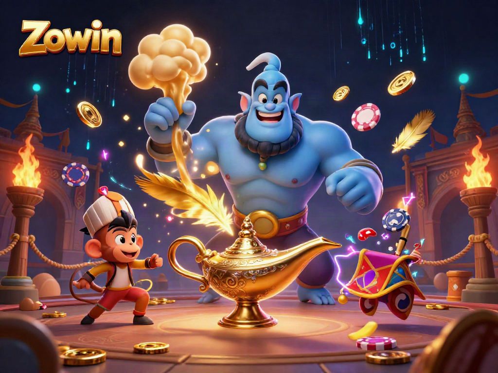 Zowin transports players with a dynamic casino scene featuring a genie, monkey, and magic carpet.