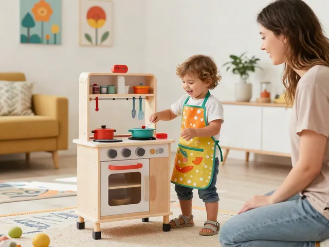 Child playing with a toy kitchen set, showcasing creativity and imagination in a vibrant living room.