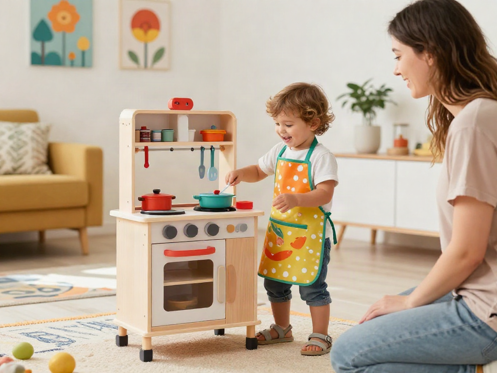 Child playing with a toy kitchen set, showcasing creativity and imagination in a vibrant living room.