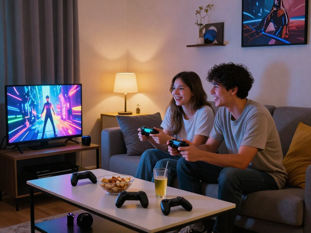 Couple enjoying a sex simulator game together in a cozy living room.