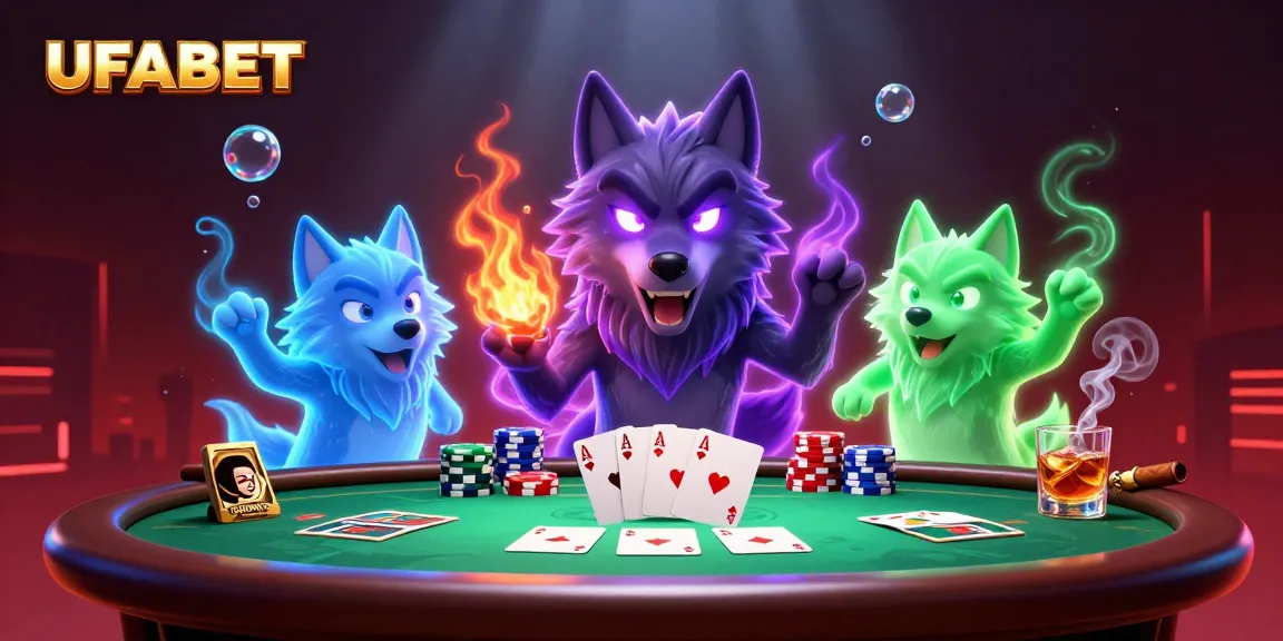 Betting with UFABET, experience an exciting poker scene featuring glowing wolf pack leaders and vibrant casino elements.