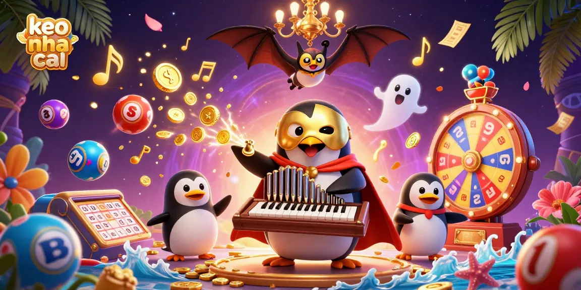 Play keo nha cai with excitement as a phantom penguin orchestrates a golden spectacle amidst vibrant lottery elements.