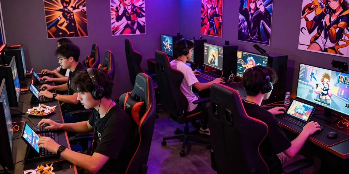 Players enjoying ecchi games in a lively gaming lounge with vibrant lighting.