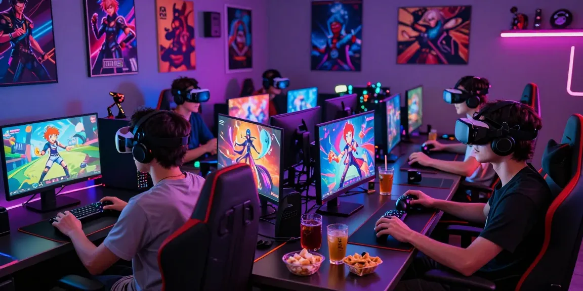 Adult gamers immersed in hentaigames within a vibrant gaming room.