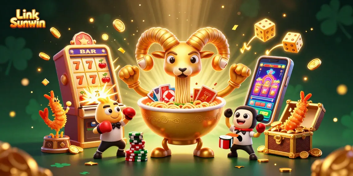 Experience the excitement of Link Sunwin with a vibrant casino-themed digital illustration showcasing games, characters, and a jackpot.