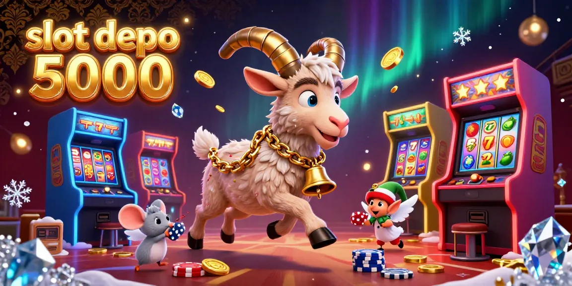 Spin to win at slot depo 5000 with lively characters in a chaotic casino scene filled with slot machines.