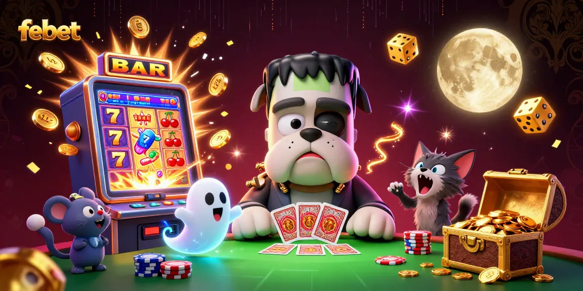 Play at febet with a fun monster dealer and exciting casino game elements surrounding the action.
