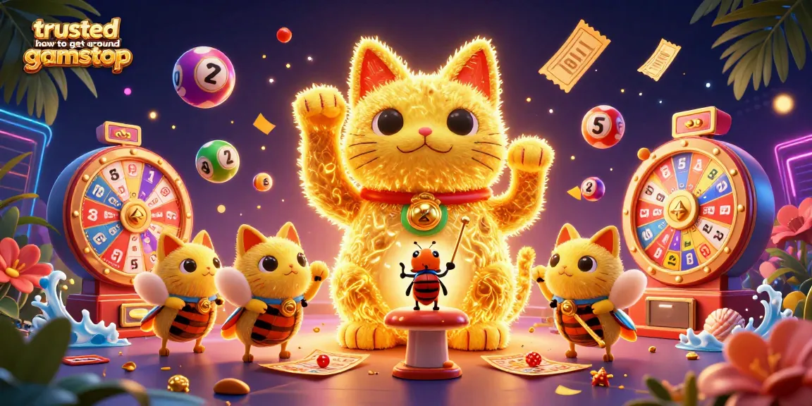 Experience trusted how to get around gamstop with a vibrant 3D illustration of a golden lucky cat amidst dynamic casino elements.