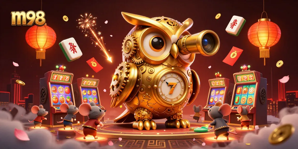 Engage with m98's thrilling online casino scene featuring a magical golden owl and vibrant slot machines.