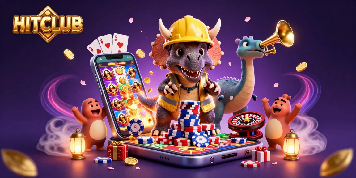 Join the fun at HITCLUB with a dynamic 3D scene celebrating casino action through slot games and poker!