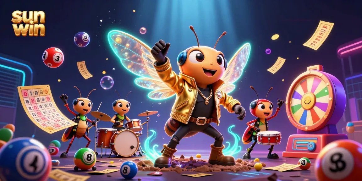 Sun win highlights a vibrant casino scene with a cicada rock star and colorful lottery elements.