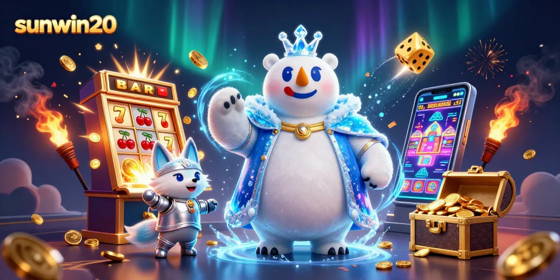 Experience big wins at sunwin20 with this vibrant 3D casino-themed illustration showcasing exciting slots and characters.