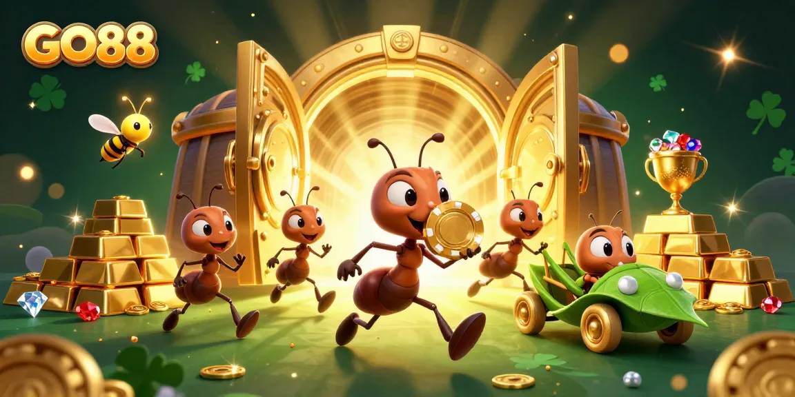 GO88 ants orchestrating a daring heist, showcasing vibrant gems and golden treasures in a dynamic casino atmosphere.